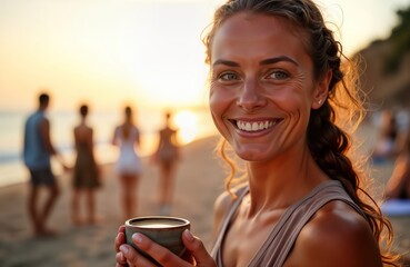 Smiling yoga instructor holds ceramic cup of cacao drink on beach in Ibiza during sunset. Relaxed atmosphere with blurred people in background. Enjoyable moment. Wellness lifestyle concept. Summer