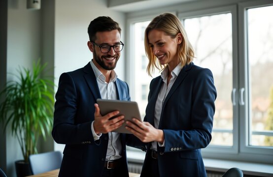 Business people collaborate in office. Businessman, businesswoman look at tablet discussing investment project strategy. Together in corporate environment. Professional business partners planning for