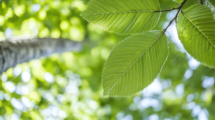 Fototapeta premium Fresh green leaves, sunlight, forest, bokeh background; nature photography