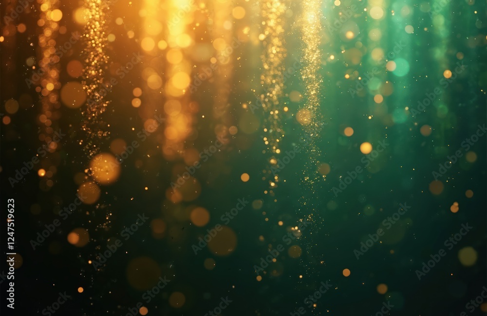 Poster golden, green sparkling particles fall like rain against dark background. abstract design with bokeh