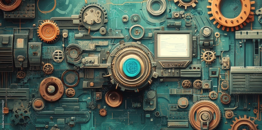 Poster intricate machine interface display with gears and computer components