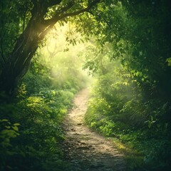 Sunlit Forest Path, Misty Morning, Adventure