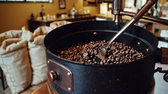 A skilled barista skillfully roasts coffee beans in a quaint roastery. The warm atmosphere includes burlap sacks and rustic decor, enhancing the coffee-loving experience.