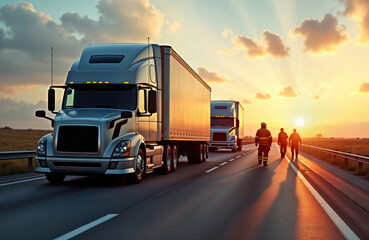 Obraz premium Sunset highway scene shows large commercial trucks on highway. Emergency responders walk on highway. Possible accident site. Dramatic light. Transport industry. Road safety.