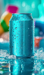 A vibrant blue can sits on ice, surrounded by water droplets, creating a refreshing appearance by the edge of a pool filled with colorful floaties on a sunny day.