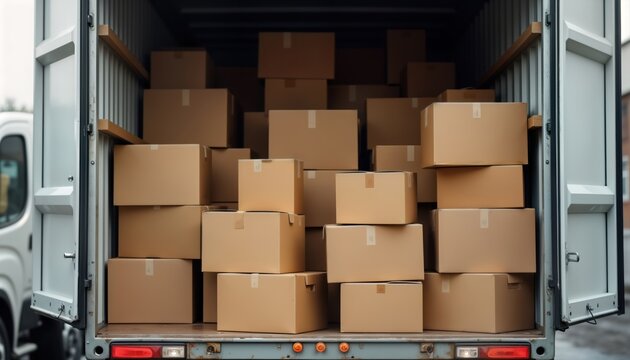 Delivery truck cargo area filled with various sized cardboard boxes. Logistics transport concept. Goods ready for shipment delivery to warehouse. Industrial commerce in action. Stacked boxes show