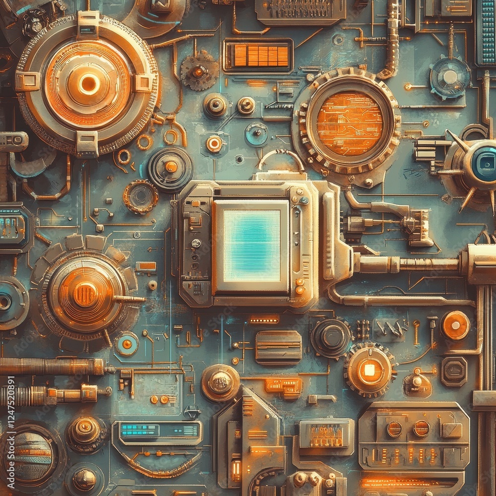 Poster complex machine panel adorned with tubes gears and display screens