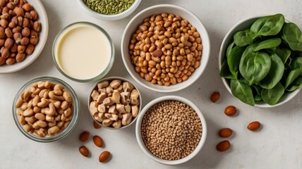 Vegan Power: A Top-View of Healthy Plant-Based Protein Sources on a Clean White Table