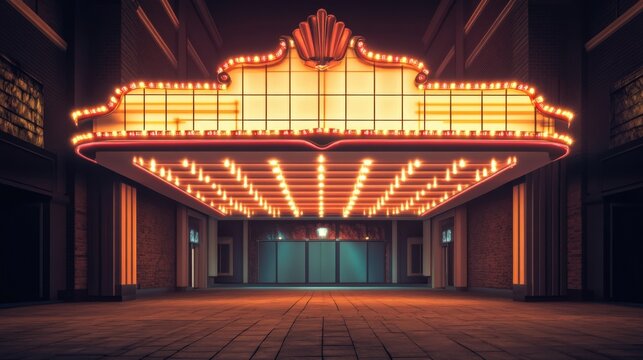 Vintage Movie Theater Entrance with Bright Neon Lights