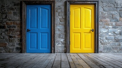 Blue and yellow doors, choice, brick wall, wooden floor, decision-making concept
