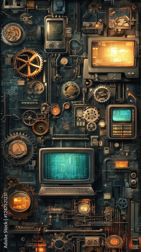 Poster steampunk computers and mechanical parts create a retro technological scene
