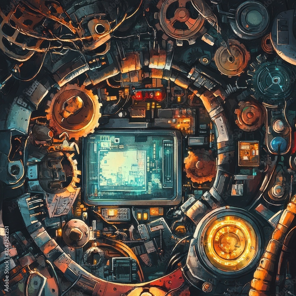 Poster steampunk machine interface features glowing screen amid complex mechanisms