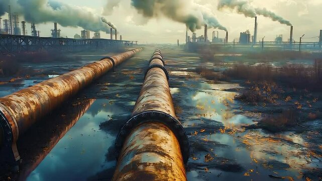 Rusted industrial pipelines extending across bleak landscape, revealing factory releasing thick smoke, symbolizing environmental decay and air pollution impact - Powered by Adobe