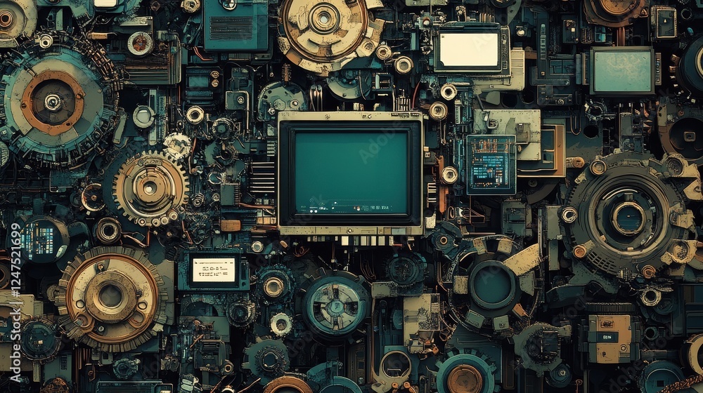 Poster intricate network of mechanical parts and retro computer screens