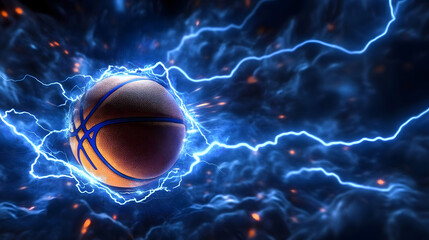 Fototapeta premium A basketball glowing with blue lightning bolts, capturing the intensity and speed of the game