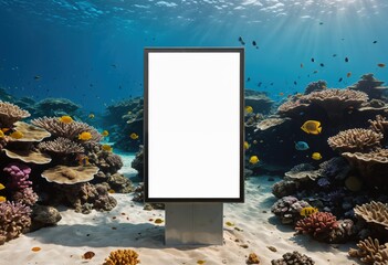 A white blank screen stands centrally on a white pedestal in a vibrant coral reef, surrounded by colorful fish and a bright blue sky, creating a serene and captivating underwater scene