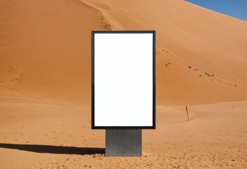 A solitary, blank billboard stands in a vast desert landscape, surrounded by sand dunes and a clear blue sky, creating a striking contrast between the empty billboard and the vast, open sky