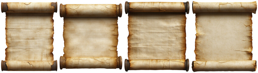 Four rolled parchment scrolls displayed on a background