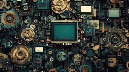 Fototapeta premium Intricate network of mechanical parts and retro computer screens