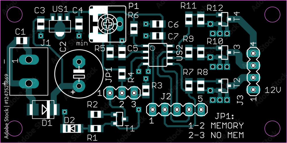 Poster vector printed circuit board of electronic device with components of radio elements, conductors and 