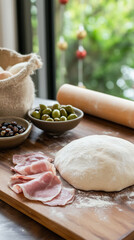 Fototapeta premium Traditional Venezuelan Pan de Jamón Ingredients on a Rustic Baker’s Table