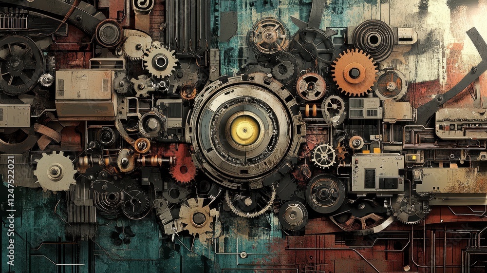 Poster intricate machinery comprised of gears and mechanical components is displayed