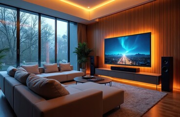 Stylish living room with large windows overlooking garden. Comfortable sectional sofa, modern home theater system. Large smart TV shows beautiful landscape. Warm lighting creates relaxing atmosphere.