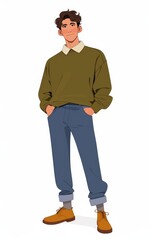 Fototapeta premium Confident man in olive green polo shirt, blue pants, and brown shoes, full-body portrait 