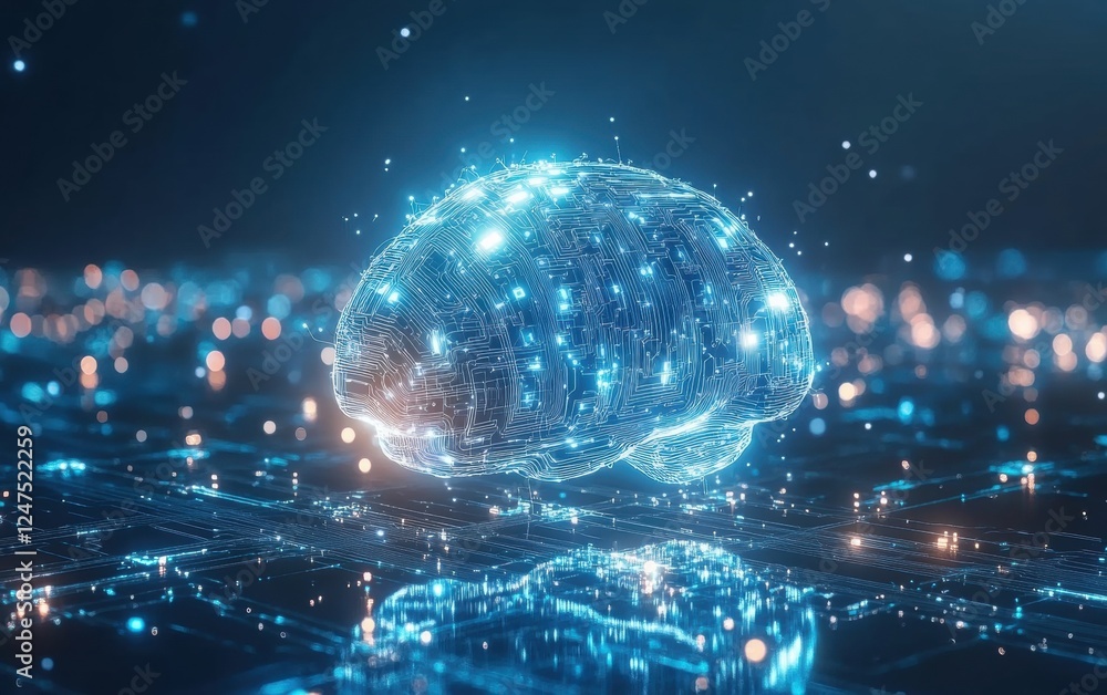 Poster a digital brain made of circuitry, surrounded by blue and silver lines representing data flow on an 