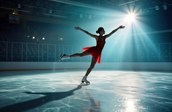 Graceful female figure skater performs elegant spin on ice rink. Athlete exhibits flexibility, control. Indoor arena setting features spotlighting skater. Sport photo captures dynamic motion,