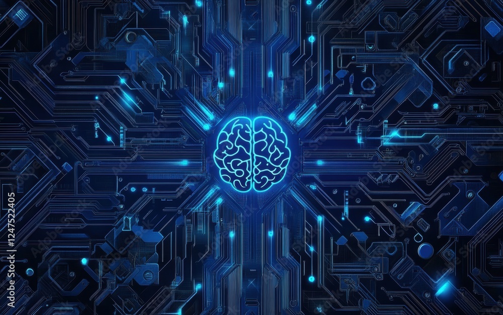 Poster a blue circuit board pattern with an ai brain icon in the center, symbolizing artificial intelligenc