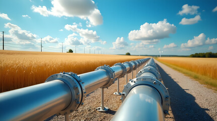Rural Pipeline Landscape: Silver Gas Pipeline Through Golden Wheat Field Under Blue Sky, Environmental Infrastructure, Agriculture