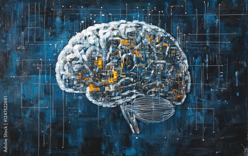 Poster a digital brain made of circuitry and data streams, representing the ai neural network the backgroun