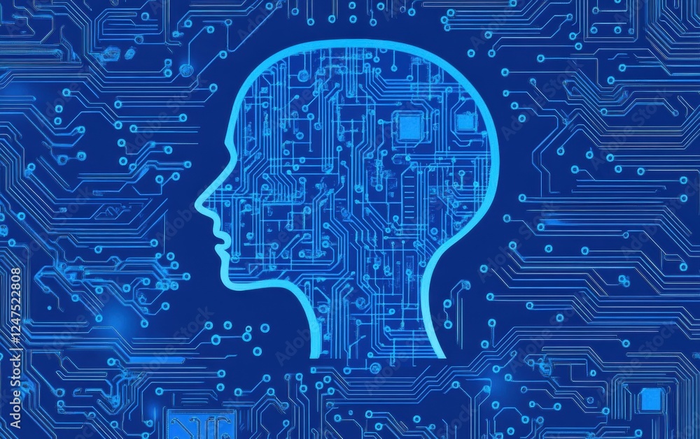 Poster a blue circuit board with the silhouette of an ai brain in the center, representing artificial intel