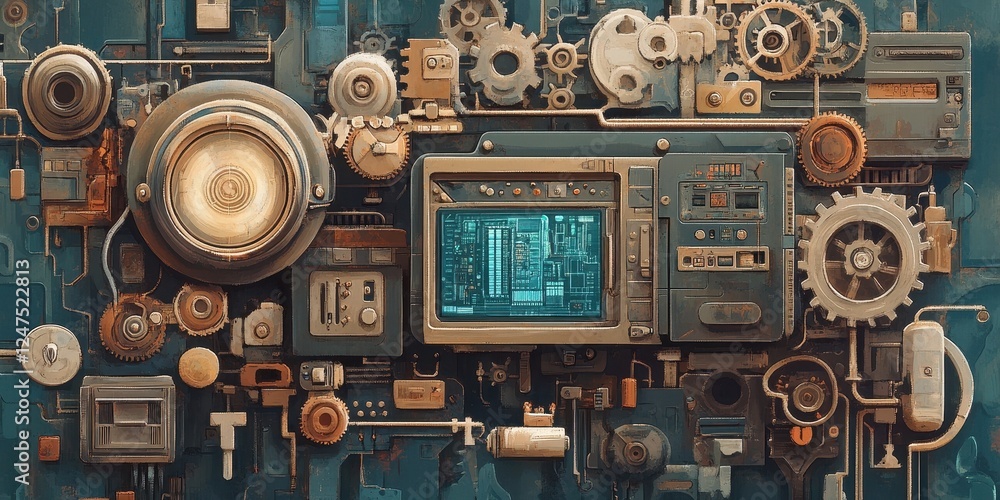 Poster intricate steampunk device display with gears pipes and screen
