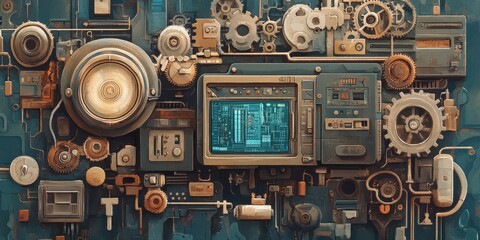 Fototapeta premium Intricate steampunk device display with gears pipes and screen