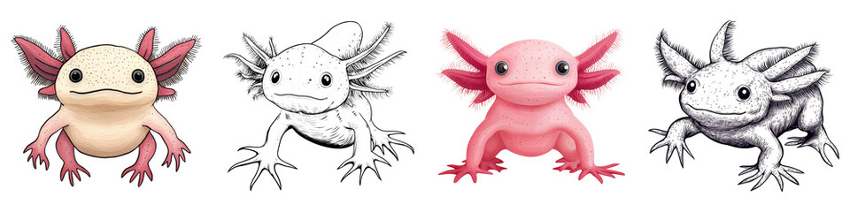 axolotl clipart concept. Three colorful axolotls on a white background showcasing unique features. on Transparent background.