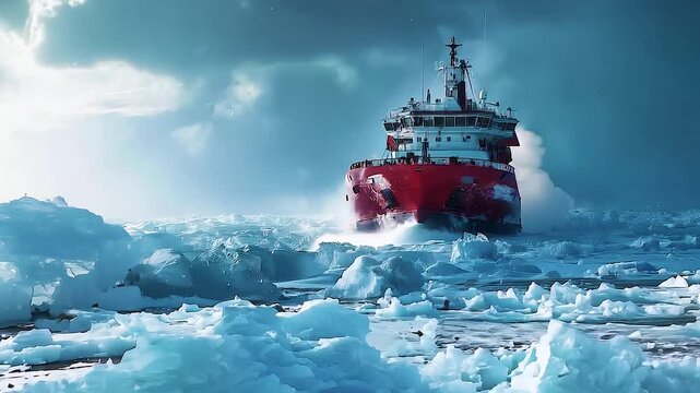 Massive red vessel cutting through frozen arctic waters, powerfully breaking glacial ice and navigating extreme northern maritime environment with robust maritime prowess