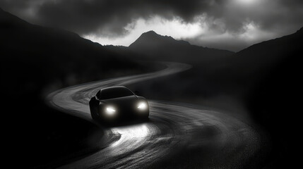 car with headlights illuminating winding mountain road under dramatic sky. scene captures sense of adventure and mystery, with dark mountains and moody lighting