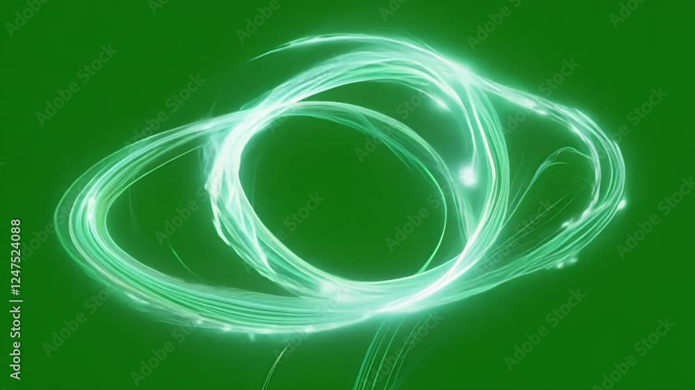 Poster spiraling arcs of luminescence that suggest energy and motion amidst a lush canvas. green screen chr