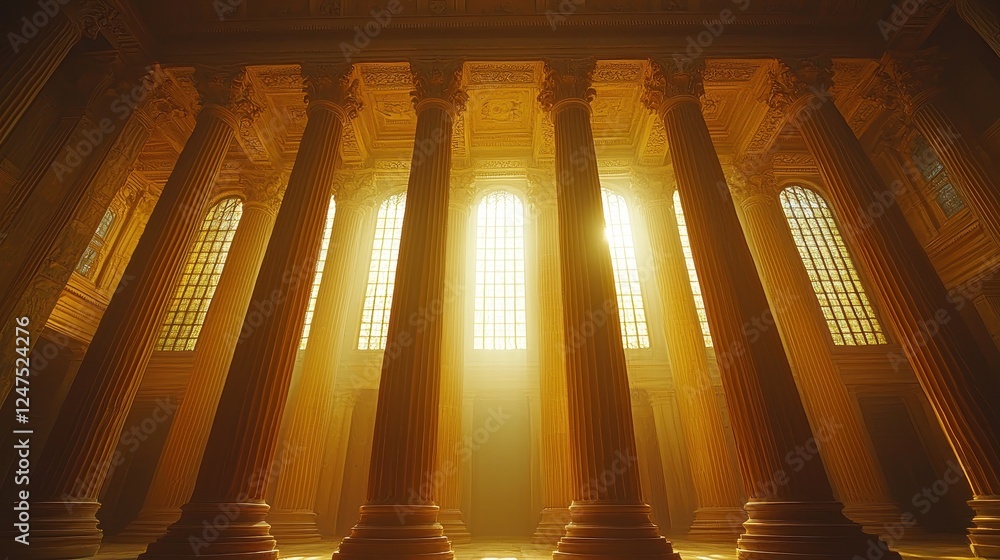 Poster majestic interior with towering columns and sunlight filtering through windows.