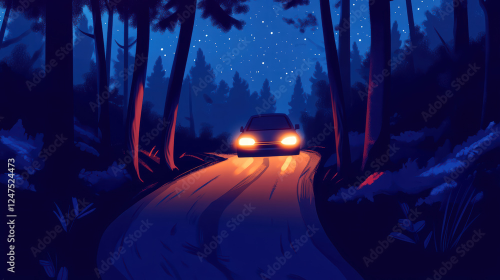 Poster car headlights illuminate forest path at night, creating mysterious and serene atmosphere under star