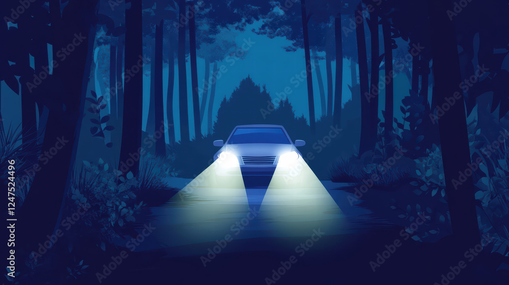 Poster car headlights illuminate dark forest path at night, creating mysterious and adventurous atmosphere.
