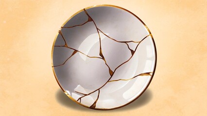 Artistic representation of a broken ceramic bowl mended with gold accents
