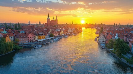 Fototapeta premium Scenic sunset over a river with historic buildings along the banks.