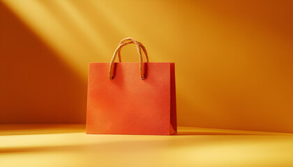 Minimalist orange shopping bag on vibrant yellow background