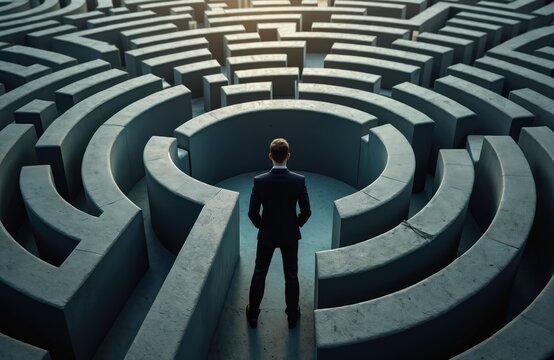 Businessman faces complex challenges in large stone maze. Stands perplexed by complex path ahead. Problem solving, strategic thinking key concepts. Image evokes feeling of uncertainty, search for
