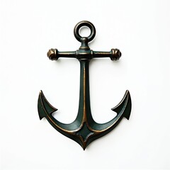 Dark green anchor on white background. Nautical maritime design. Decorative object. Vintage style. Heavy metal construction. Decorative item for house shop. Nautical theme. Seafaring symbol. Ship