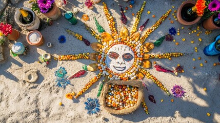 Naklejka premium Ceremony in homage to Pachamama (Mother Earth), known as the Andean cross or Chakana, is an ancient ritual of the central Andes' indigenous communities. Constructed from materials like plants, food,