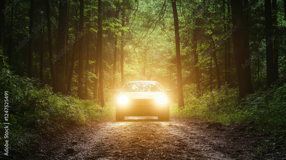 Poster car headlights shine brightly on muddy path through dense forest, illuminating surrounding greenery 